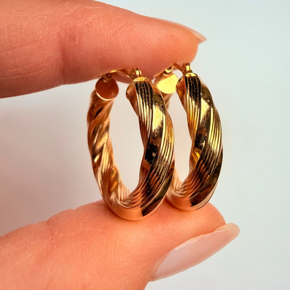 14K Solid Yellow Gold Jacmel Mauritius 24MM Twist Textured Hoop Earrings JCM - Picture 2 of 8